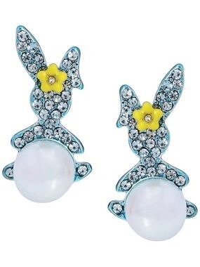 NWT Betsey Johnson Crystal Bunny Pearl Stud Earrings with Yellow Flower